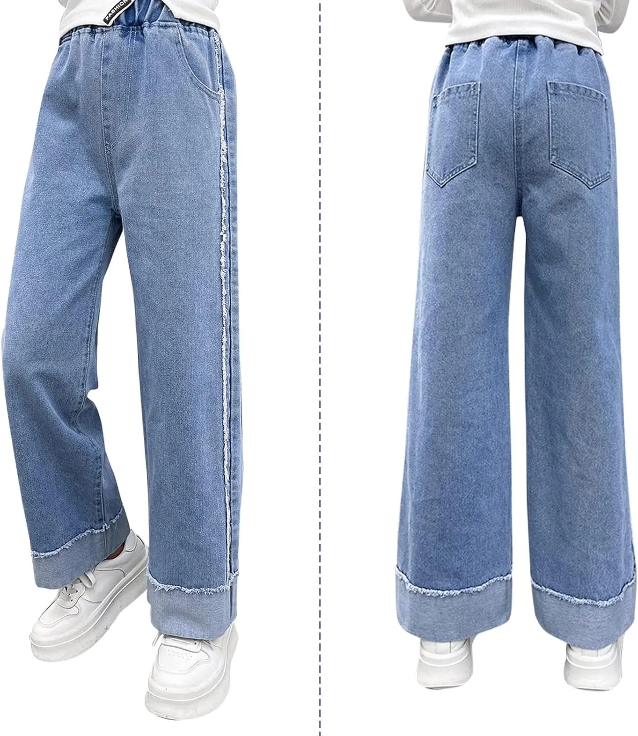 Kid Bootcut Jeans Girl Wide Straight Leg Pants Cute Loose Fit Causal Stylish Trousers Stretch Fashion Elastic Waist Jeans