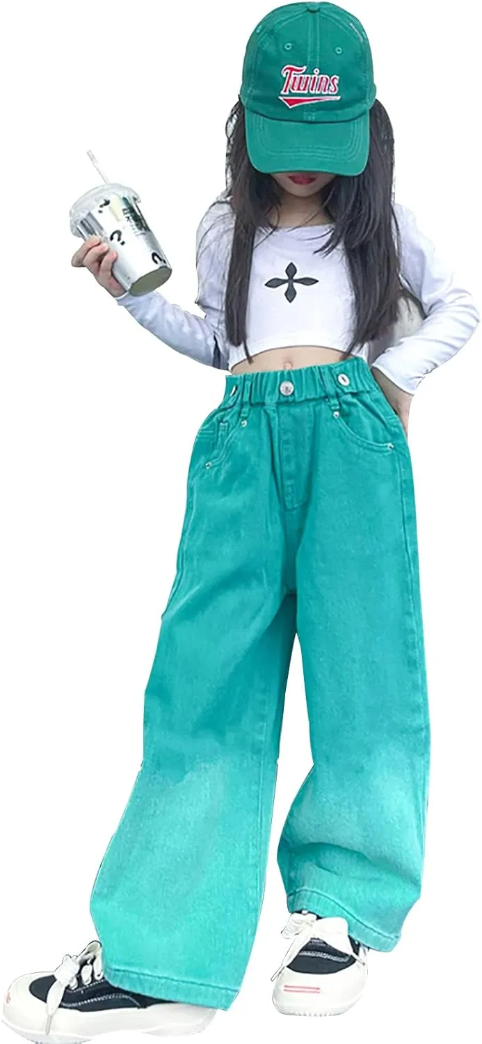 Kid Bootcut Jeans Girl Wide Straight Leg Pants Cute Loose Fit Causal Stylish Trousers Stretch Fashion Elastic Waist Jeans