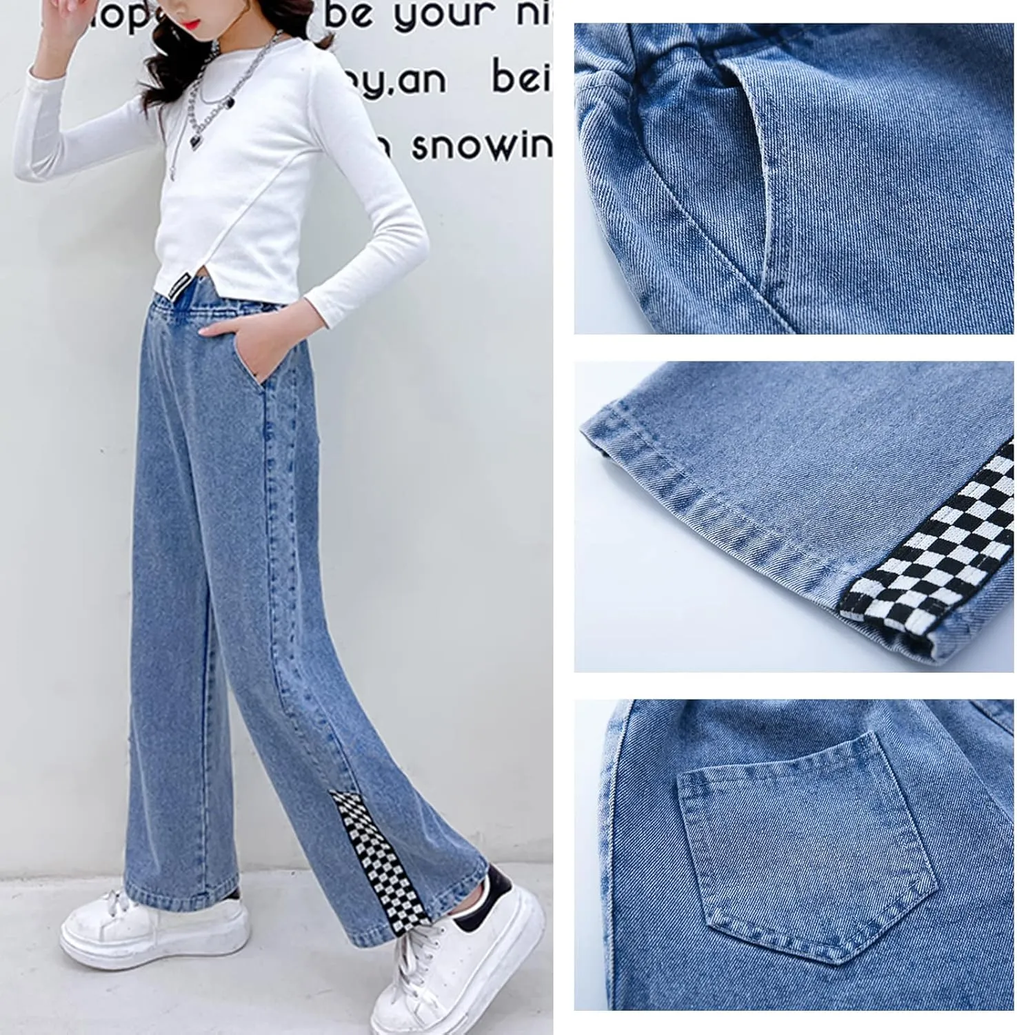 Kid Bootcut Jeans Girl Wide Straight Leg Pants Cute Loose Fit Causal Stylish Trousers Stretch Fashion Elastic Waist Jeans