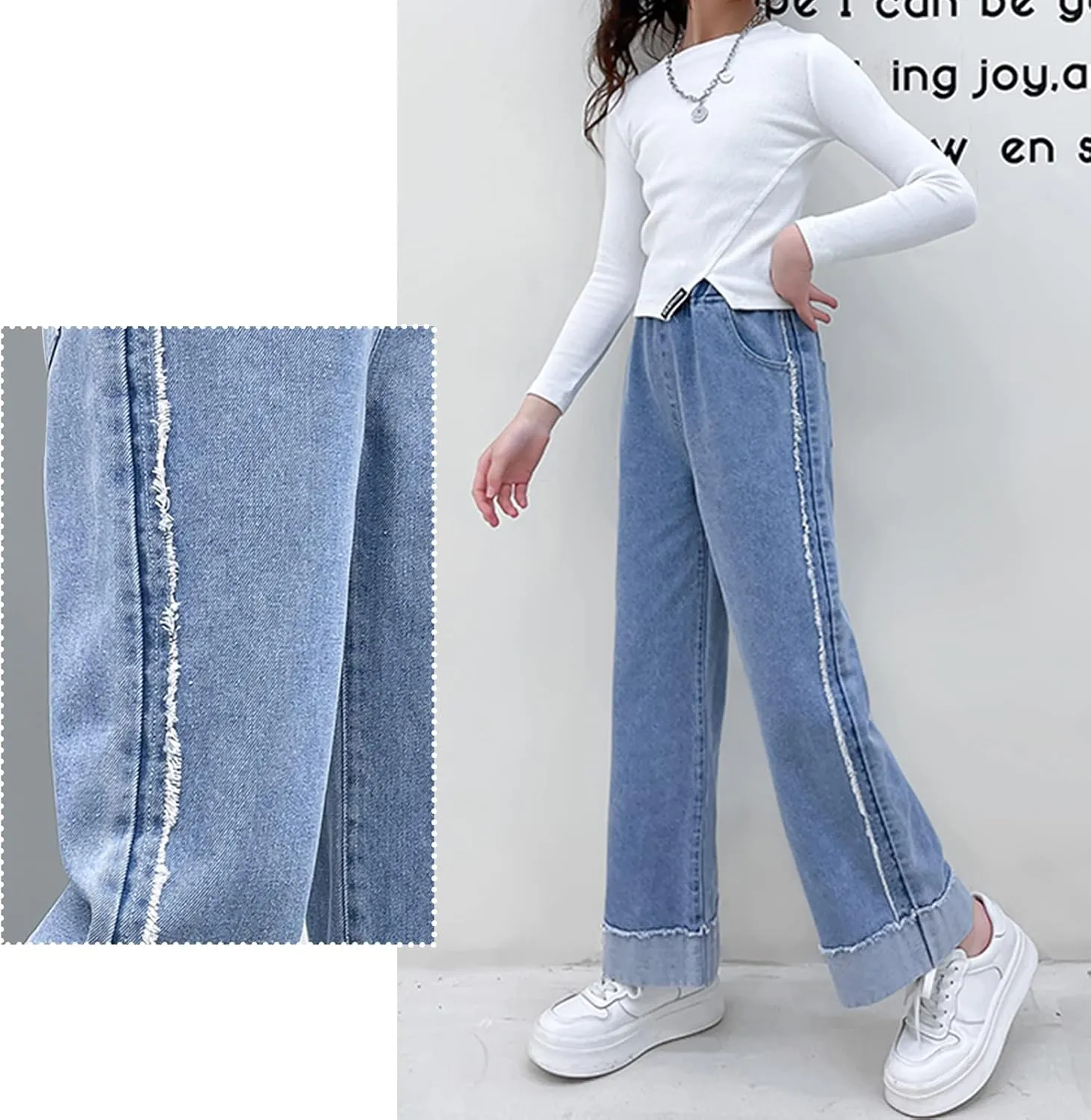 Kid Bootcut Jeans Girl Wide Straight Leg Pants Cute Loose Fit Causal Stylish Trousers Stretch Fashion Elastic Waist Jeans