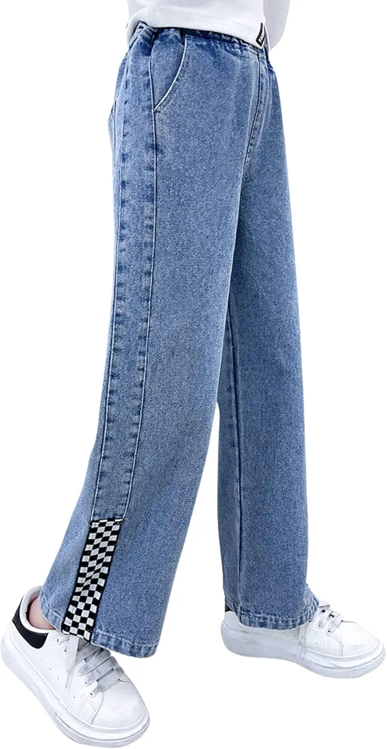 Kid Bootcut Jeans Girl Wide Straight Leg Pants Cute Loose Fit Causal Stylish Trousers Stretch Fashion Elastic Waist Jeans