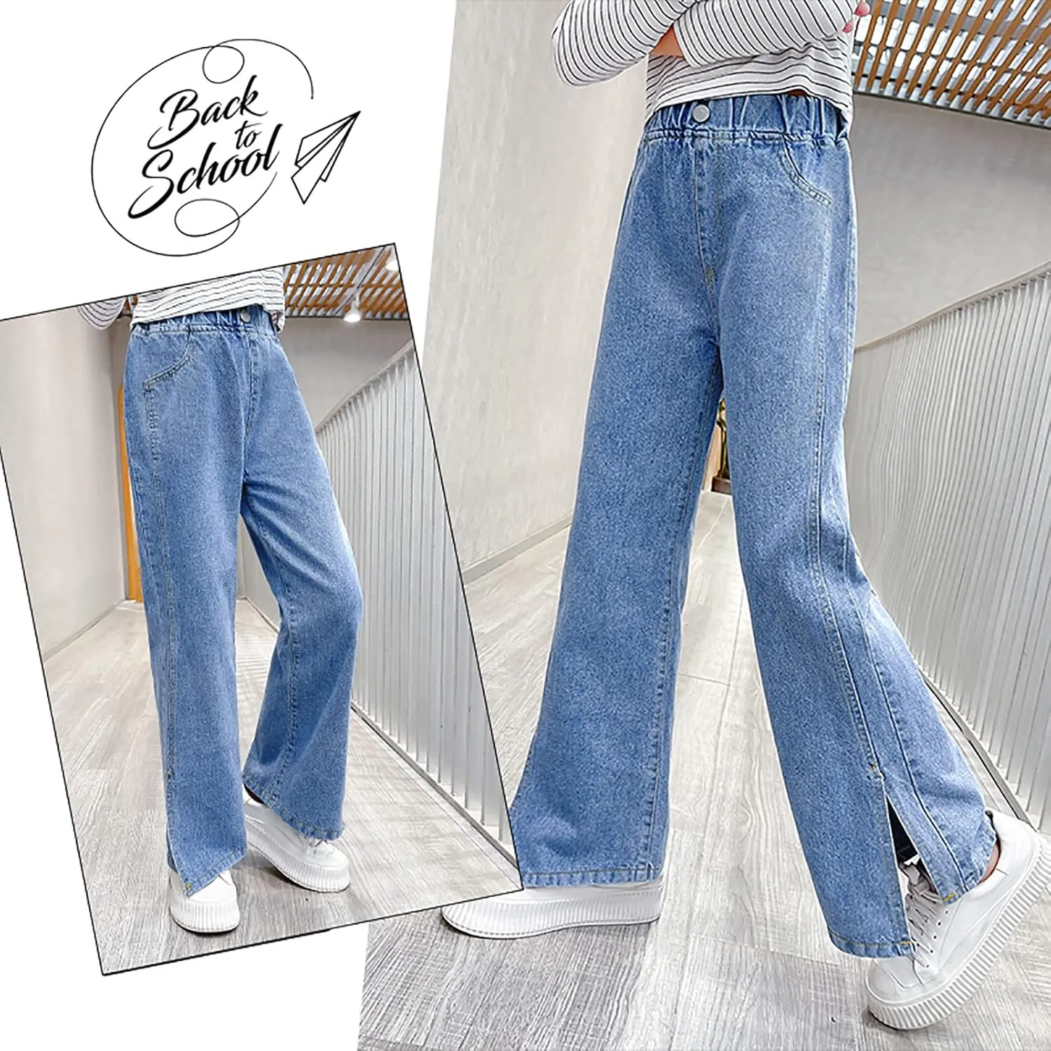 Kid Bootcut Jeans Girl Wide Straight Leg Pants Cute Loose Fit Causal Stylish Trousers Stretch Fashion Elastic Waist Jeans