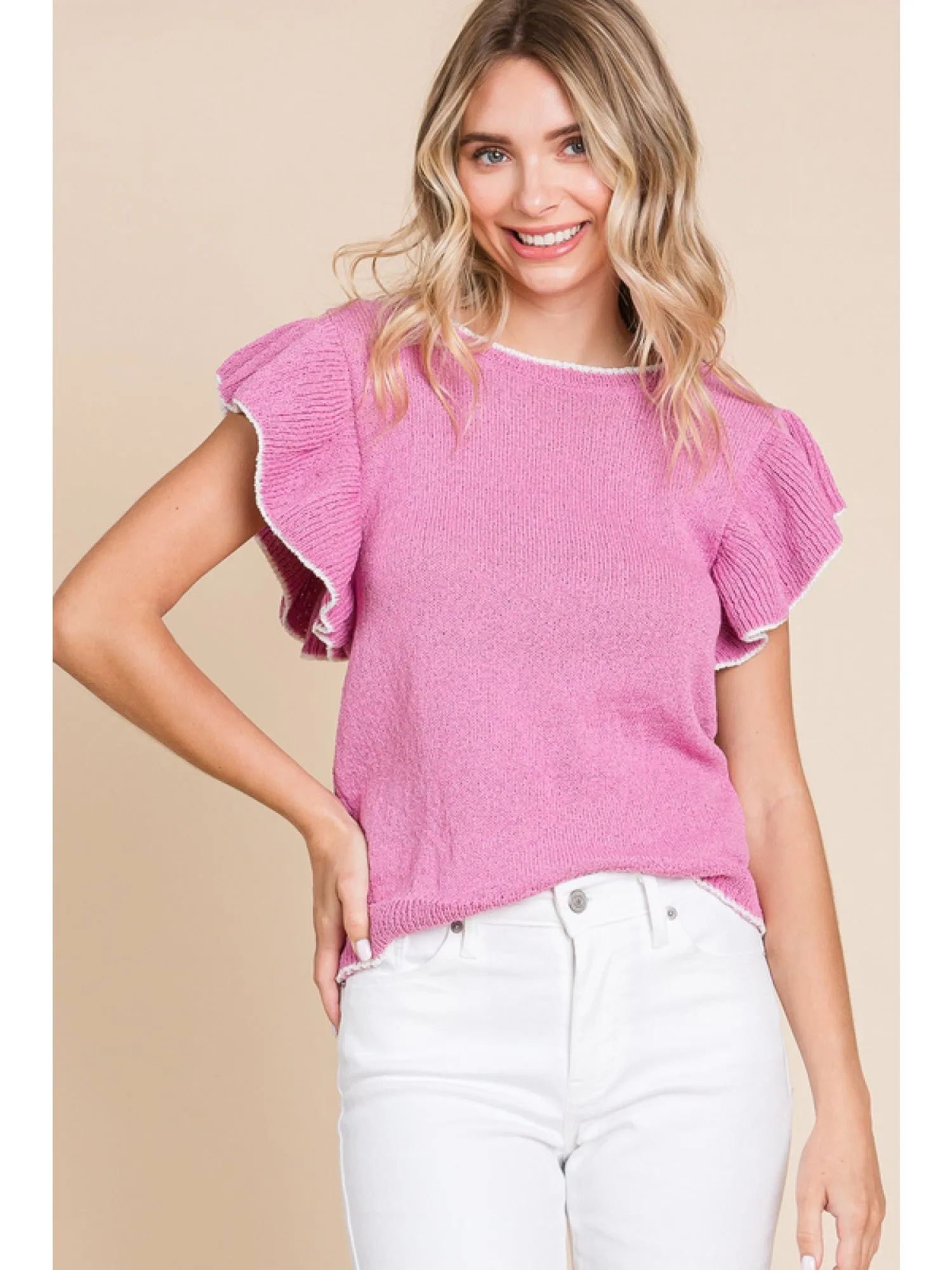 Knit Ruffle Sleeve Lightweight Sweater