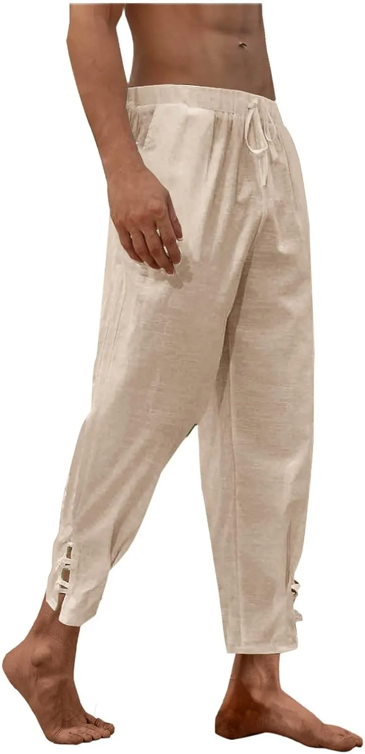 Linen Pants for Men Drawstring Elastic Waist Yoga Pants Summer Beach Loose Trousers Full Length Summerwear