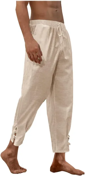 Linen Pants for Men Drawstring Elastic Waist Yoga Pants Summer Beach Loose Trousers Full Length Summerwear