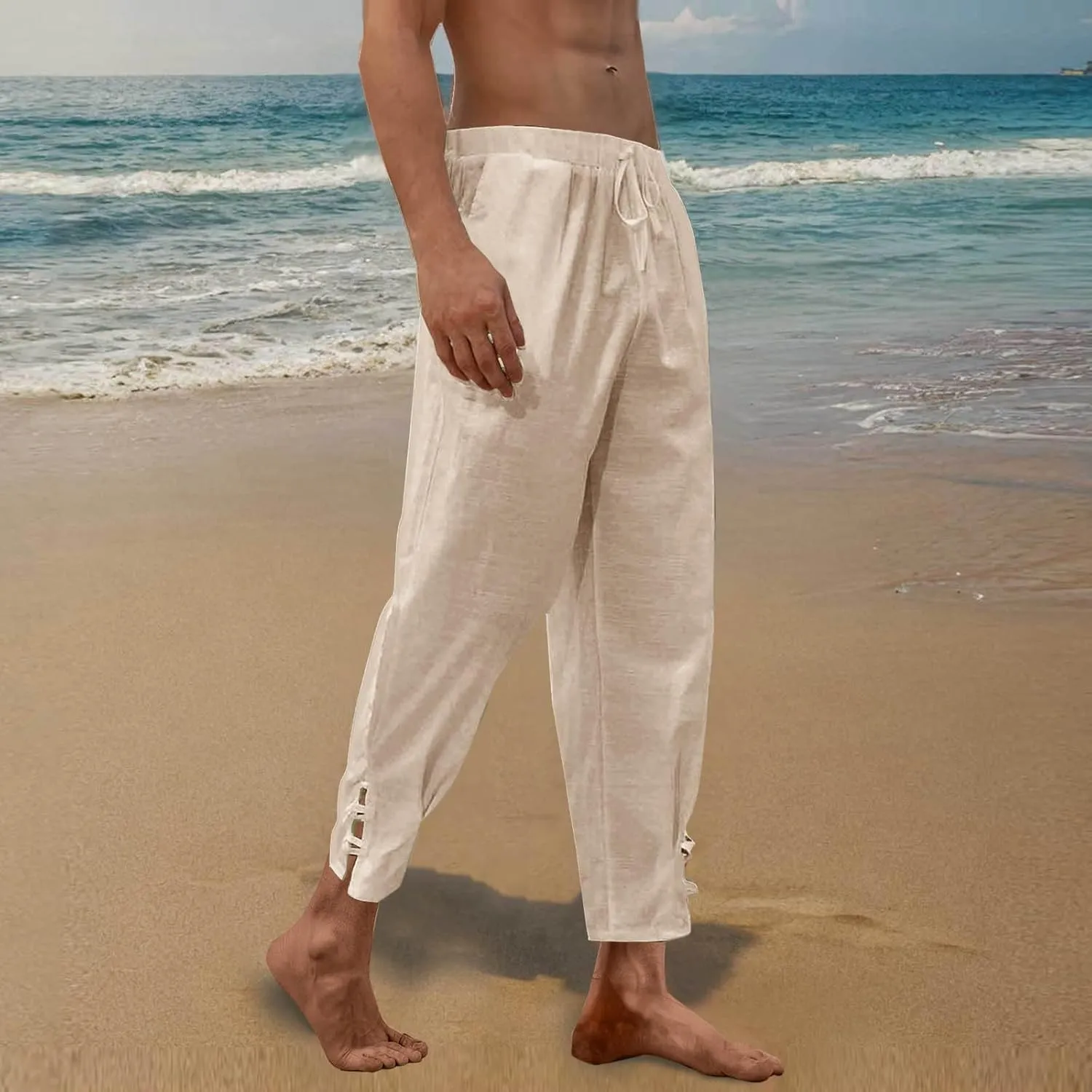 Linen Pants for Men Drawstring Elastic Waist Yoga Pants Summer Beach Loose Trousers Full Length Summerwear
