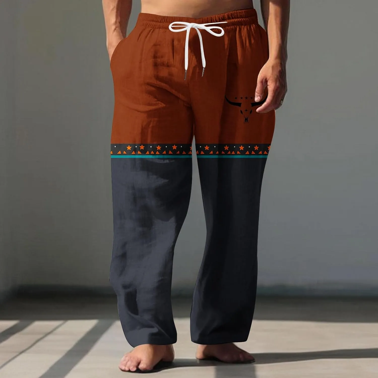 Linen Pants Men Printed Summer Casual Elastic Waist Pants with Pockets Relaxed Fit Soft Loungewear Plus Size