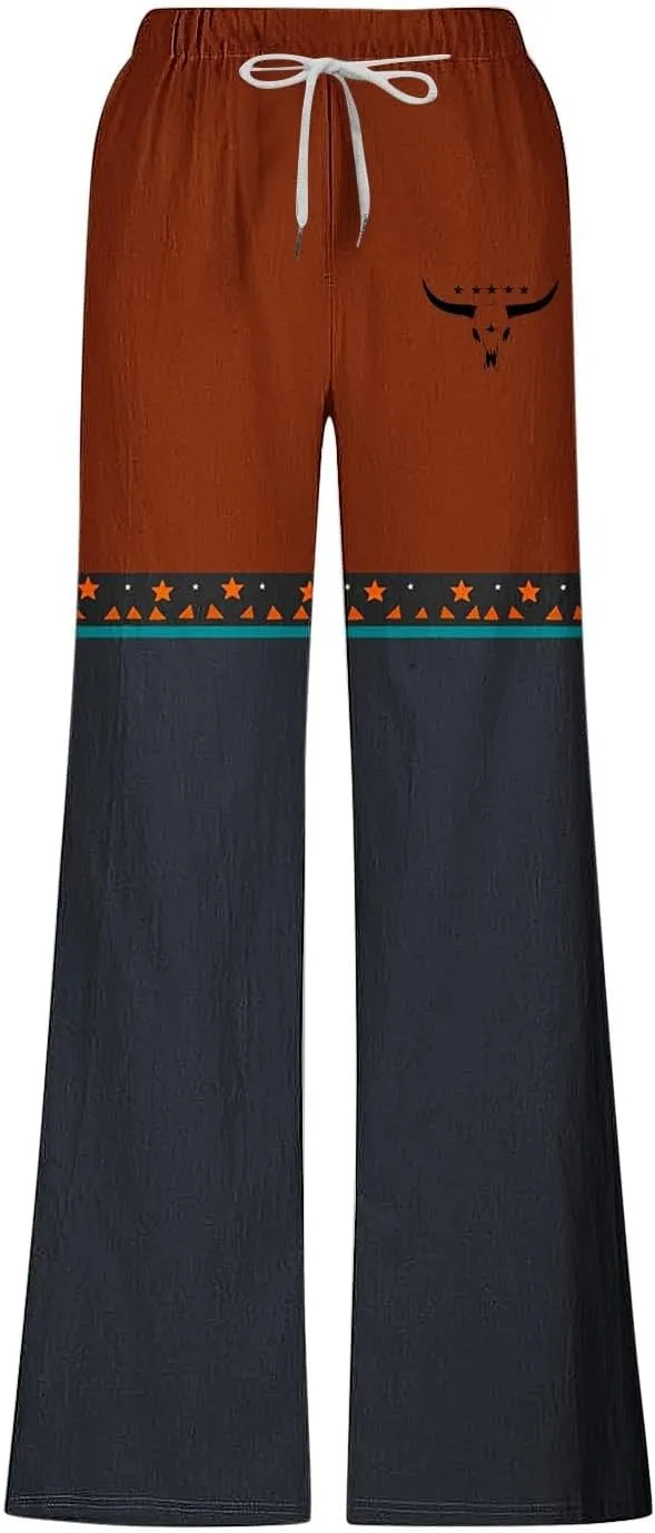 Linen Pants Men Printed Summer Casual Elastic Waist Pants with Pockets Relaxed Fit Soft Loungewear Plus Size
