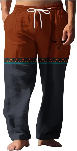 Linen Pants Men Printed Summer Casual Elastic Waist Pants with Pockets Relaxed Fit Soft Loungewear Plus Size