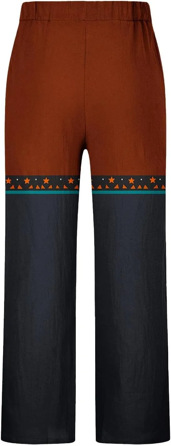 Linen Pants Men Printed Summer Casual Elastic Waist Pants with Pockets Relaxed Fit Soft Loungewear Plus Size