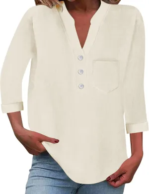 Linen Shirts for Women 3/4 Sleeve Button Down V-Neck Tops with Chest Pocket Summer Breathable Lightweight Beach Shirts