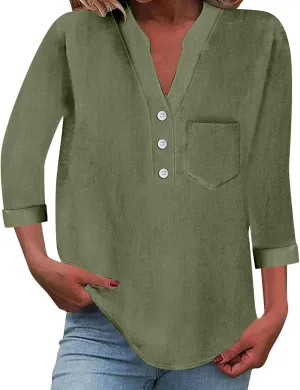 Linen Shirts for Women 3/4 Sleeve Button Down V-Neck Tops with Chest Pocket Summer Breathable Lightweight Beach Shirts