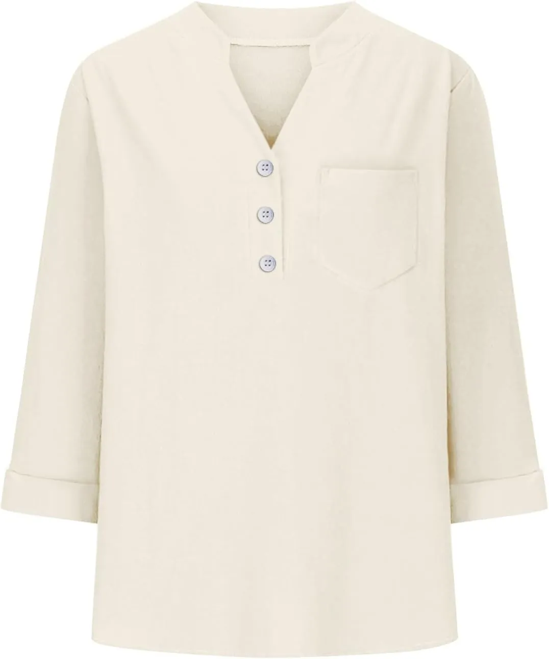 Linen Shirts for Women 3/4 Sleeve Button Down V-Neck Tops with Chest Pocket Summer Breathable Lightweight Beach Shirts