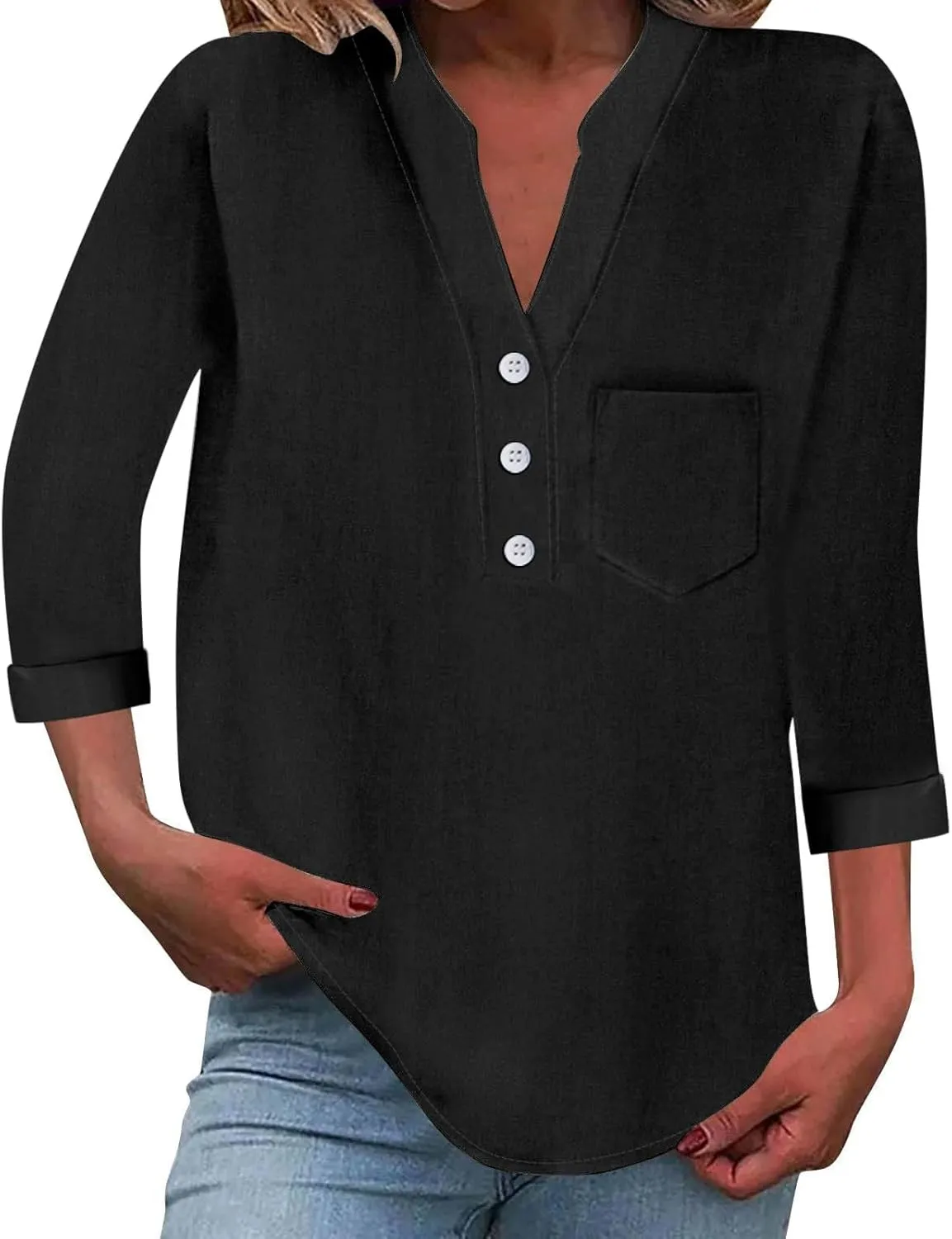 Linen Shirts for Women 3/4 Sleeve Button Down V-Neck Tops with Chest Pocket Summer Breathable Lightweight Beach Shirts