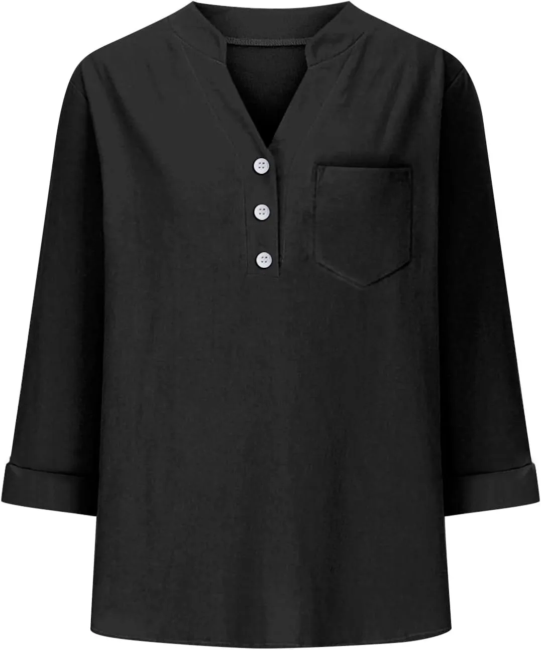 Linen Shirts for Women 3/4 Sleeve Button Down V-Neck Tops with Chest Pocket Summer Breathable Lightweight Beach Shirts