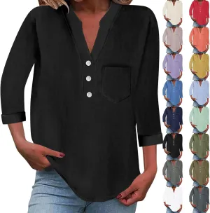 Linen Shirts for Women 3/4 Sleeve Button Down V-Neck Tops with Chest Pocket Summer Breathable Lightweight Beach Shirts