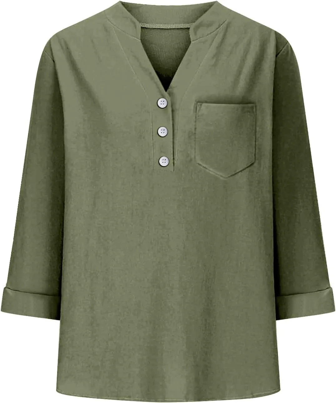 Linen Shirts for Women 3/4 Sleeve Button Down V-Neck Tops with Chest Pocket Summer Breathable Lightweight Beach Shirts