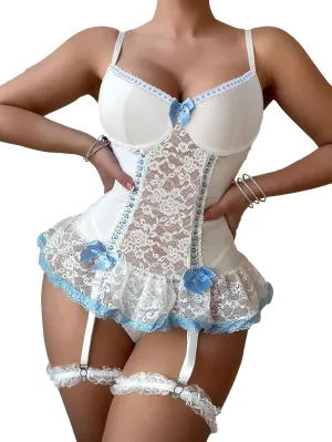Lingerie Set for Women Hide Fat Belly Tummy Control Lace Up Corset Teddy Babydoll