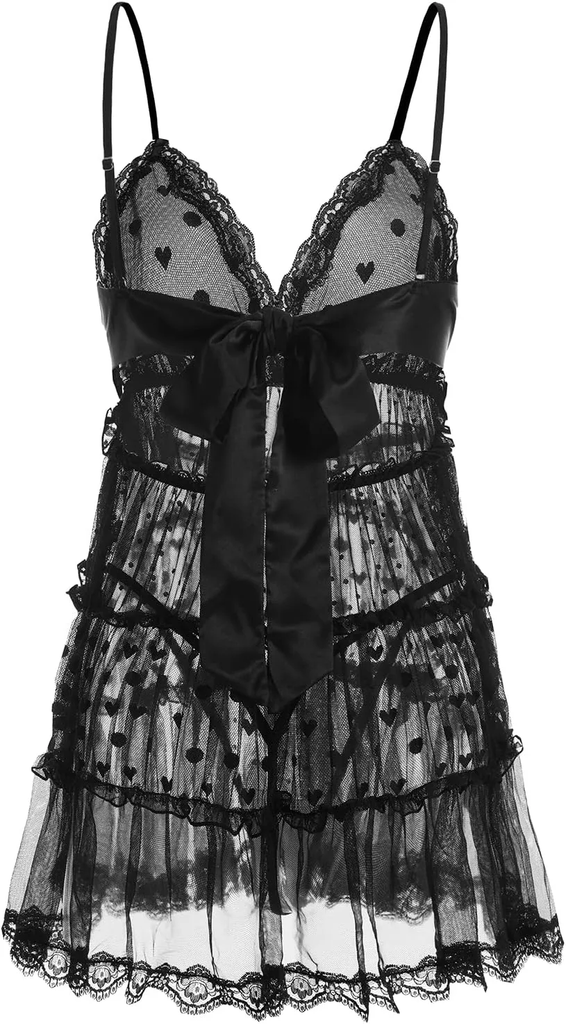 Littleforbig Women lace babydoll Chemise Halter V Neck Sleepwear and Thong Lingerie Set - Romantic