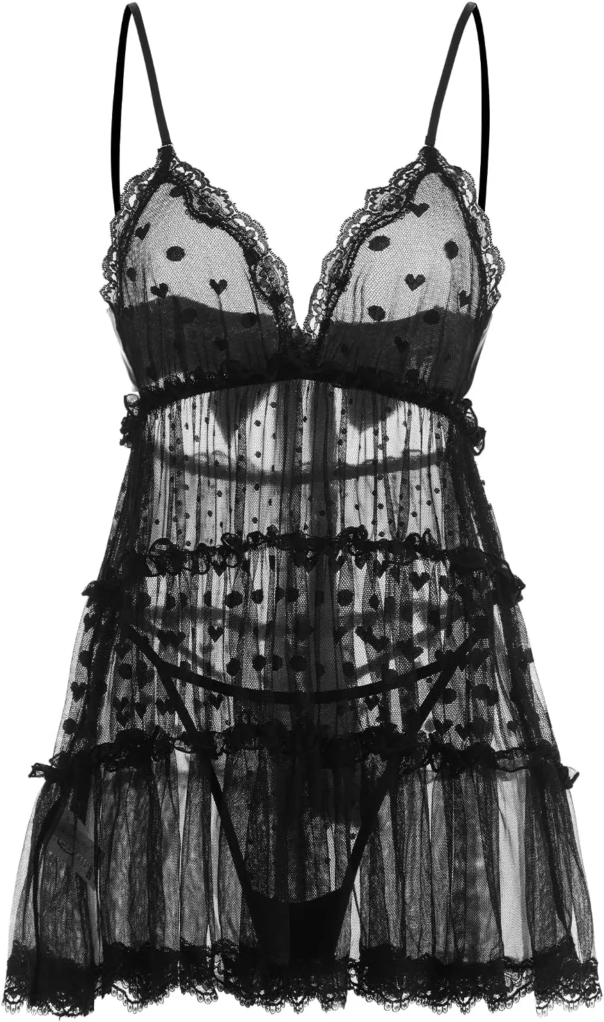 Littleforbig Women lace babydoll Chemise Halter V Neck Sleepwear and Thong Lingerie Set - Romantic