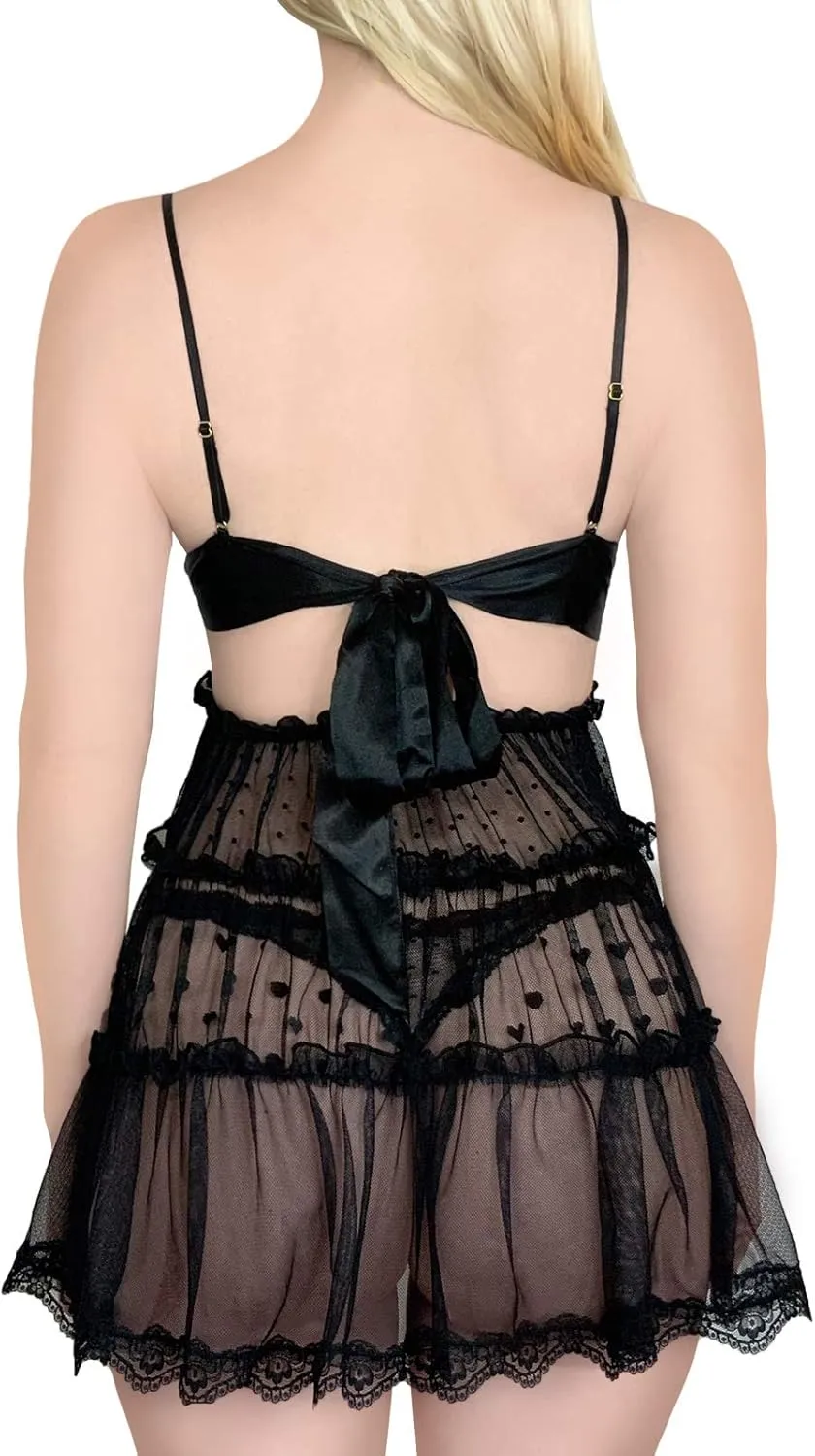 Littleforbig Women lace babydoll Chemise Halter V Neck Sleepwear and Thong Lingerie Set - Romantic