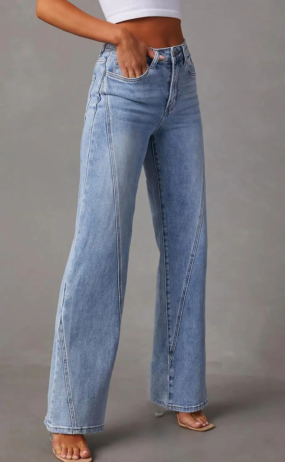 loveimgs Women Casual Denim Jeans Pants Stretch Wide Leg Jeans Bootcut Patchwork High Waisted Flare Jeans