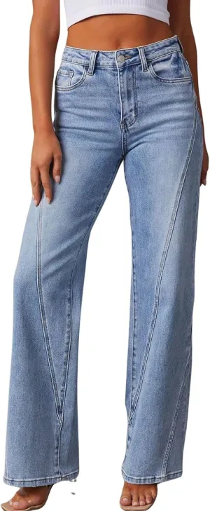 loveimgs Women Casual Denim Jeans Pants Stretch Wide Leg Jeans Bootcut Patchwork High Waisted Flare Jeans