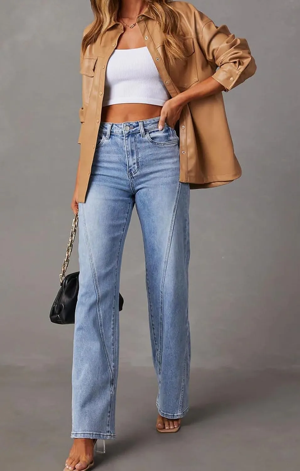 loveimgs Women Casual Denim Jeans Pants Stretch Wide Leg Jeans Bootcut Patchwork High Waisted Flare Jeans