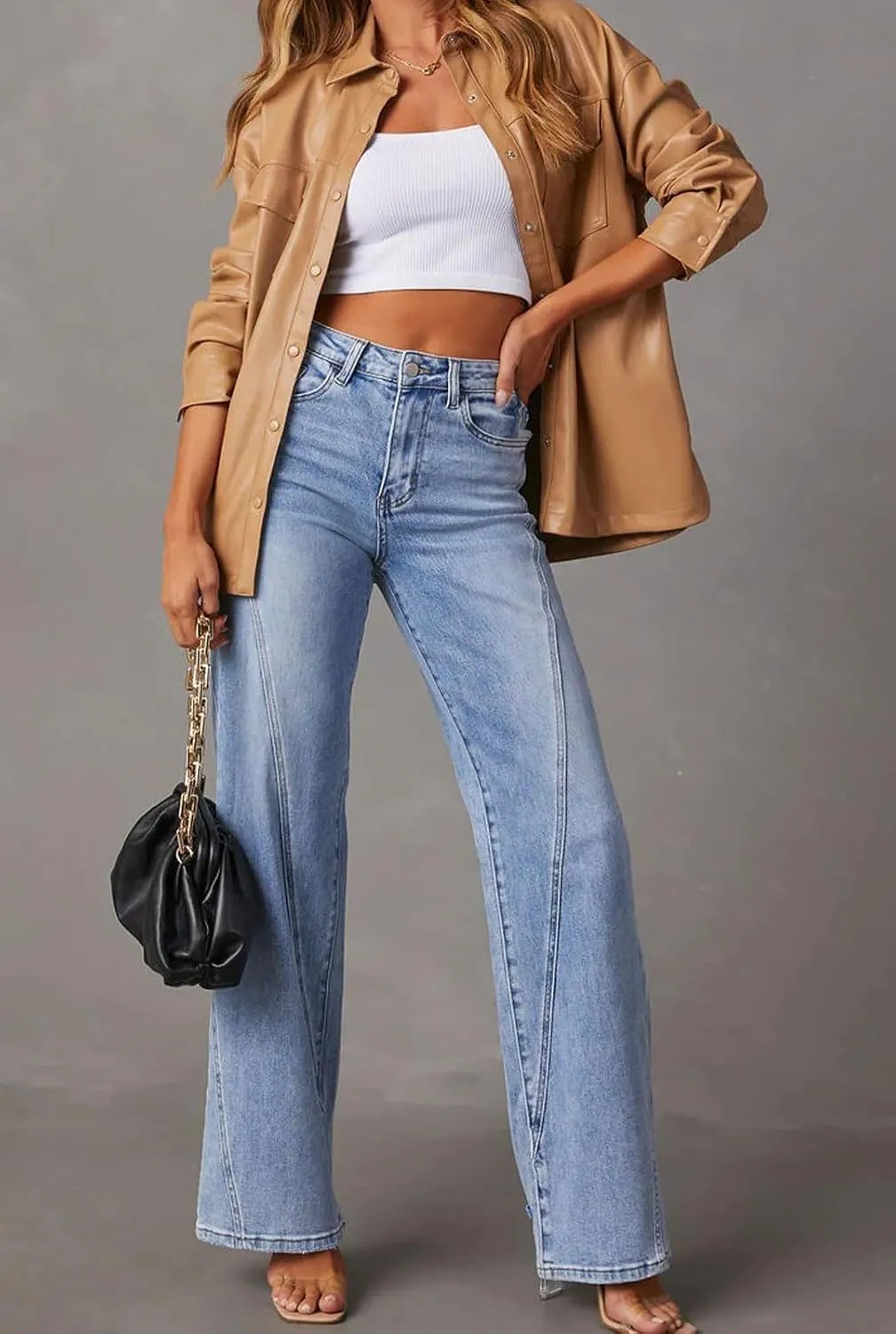 loveimgs Women Casual Denim Jeans Pants Stretch Wide Leg Jeans Bootcut Patchwork High Waisted Flare Jeans
