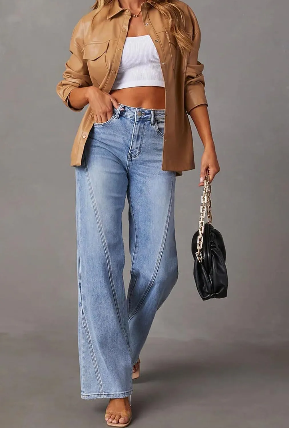 loveimgs Women Casual Denim Jeans Pants Stretch Wide Leg Jeans Bootcut Patchwork High Waisted Flare Jeans