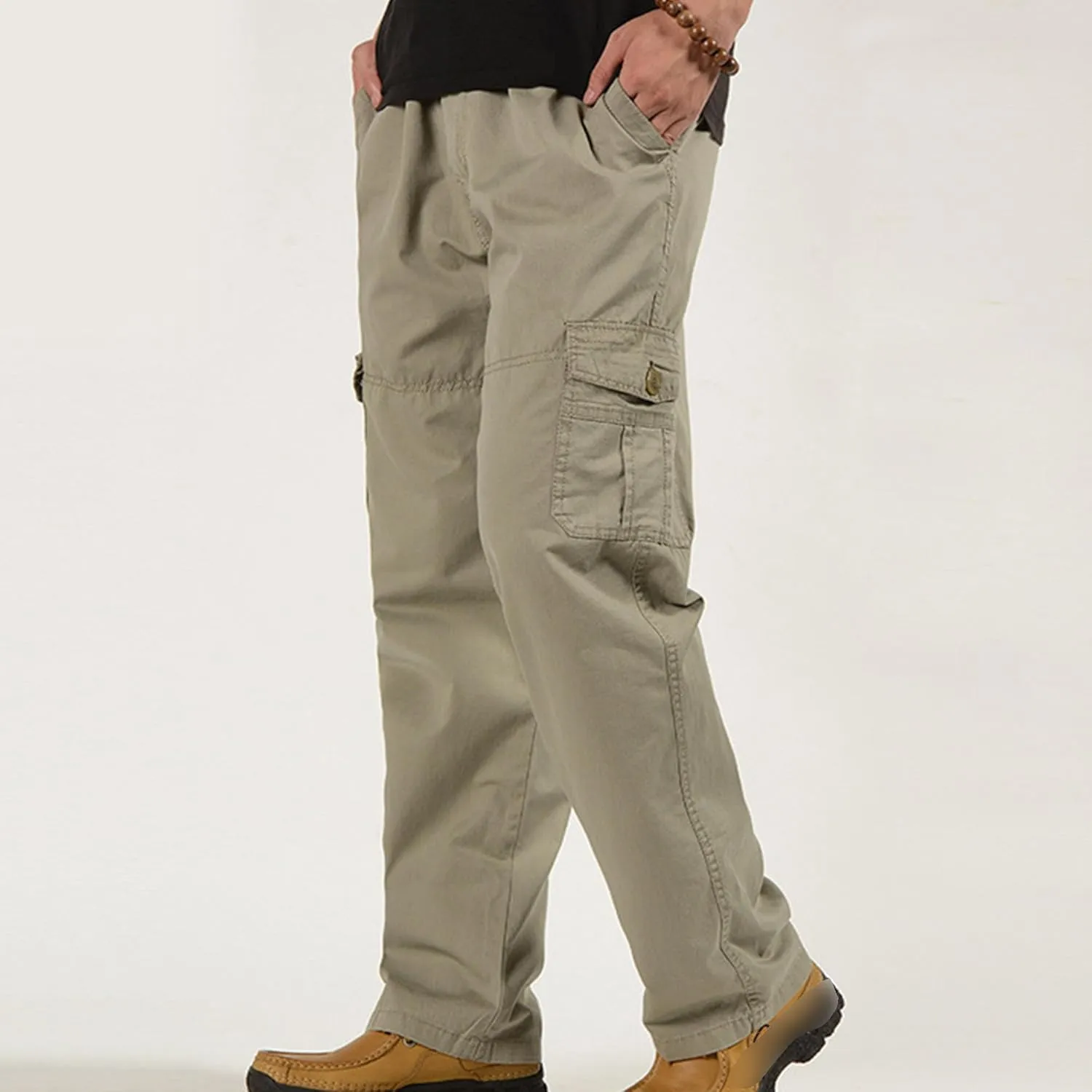 Maiyifu-GJ Men Elastic Waist Casual Cargo Pants Multi Pockets Lightweight Hiking Trousers Athletic Workout Joggers Sweatpants