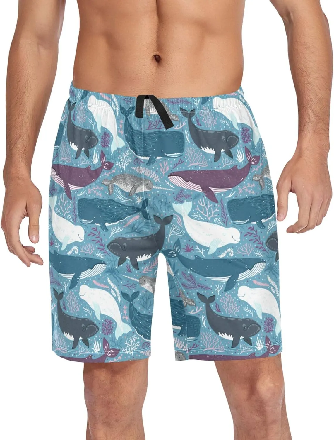 Marine Narwhal Beluga Whale Sperm Whale White Whale Floral Men's Pajama Pants Shorts Sleepwear Lounge Pajama Bottoms S-2XL