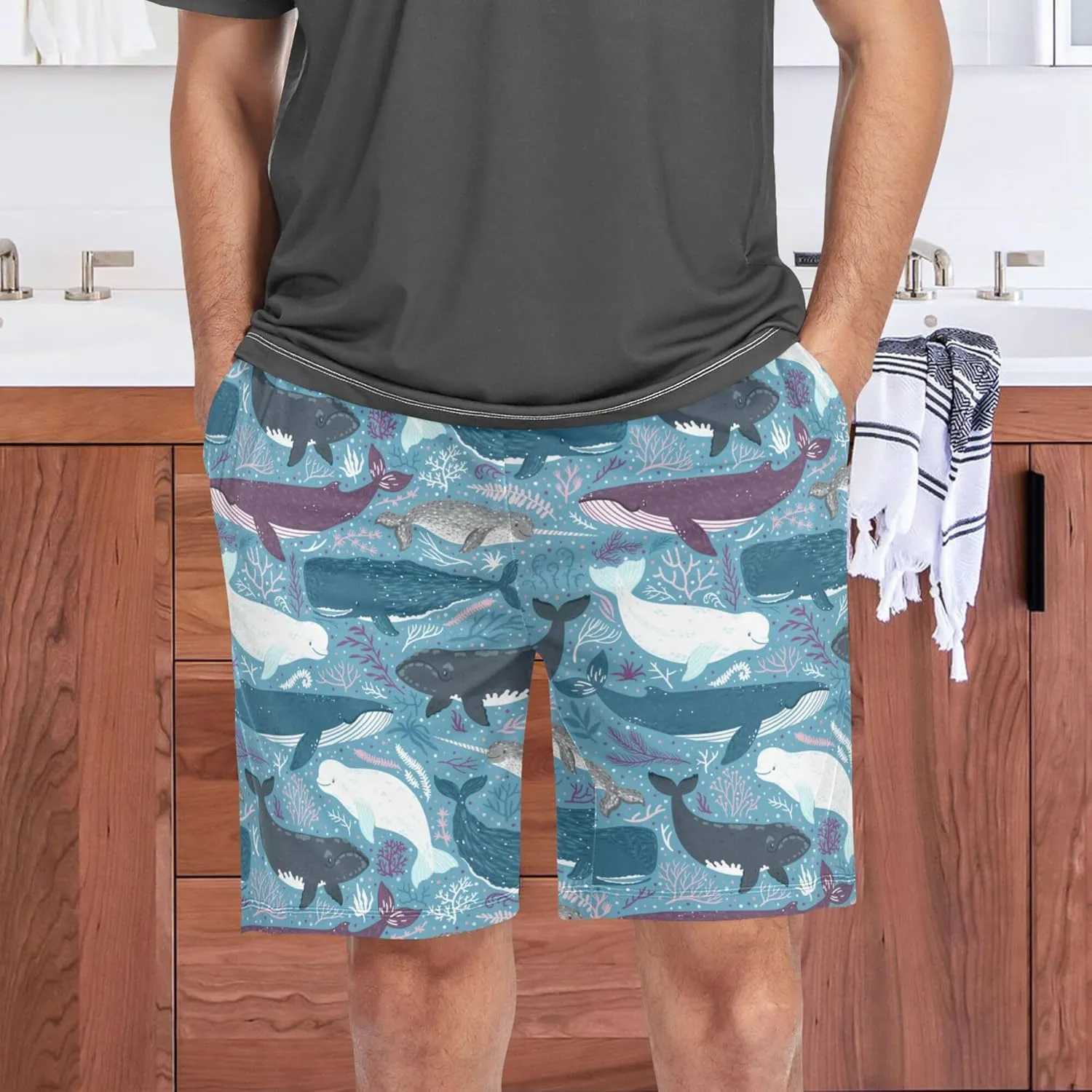 Marine Narwhal Beluga Whale Sperm Whale White Whale Floral Men's Pajama Pants Shorts Sleepwear Lounge Pajama Bottoms S-2XL