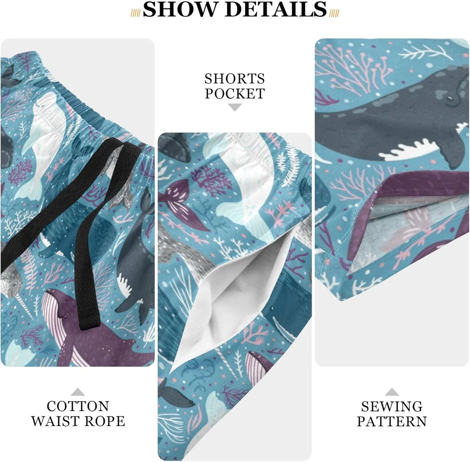 Marine Narwhal Beluga Whale Sperm Whale White Whale Floral Men's Pajama Pants Shorts Sleepwear Lounge Pajama Bottoms S-2XL