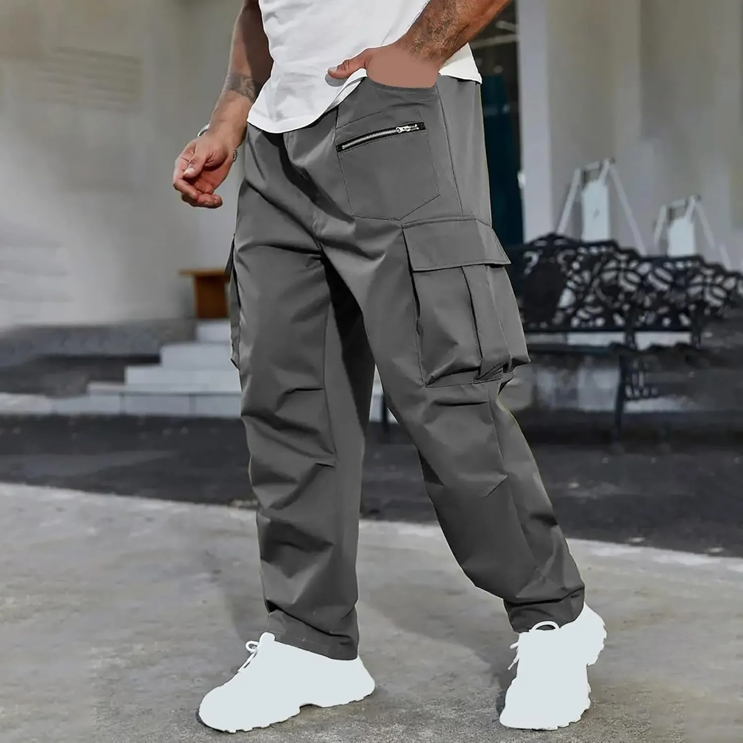 Men's Cargo Joggers Stretch Elastic Waist Drawsring Pants Casual Outdoor Workout Clothes for Men with Pockets