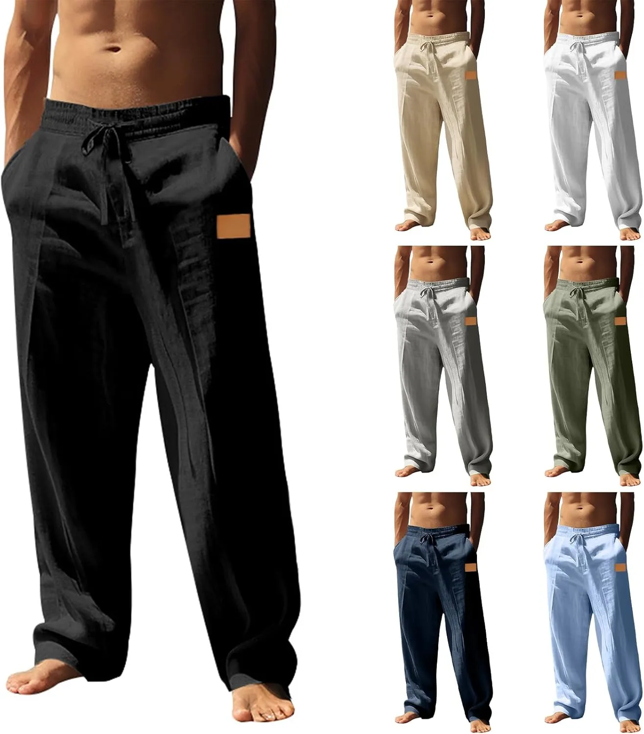 Men's Casual Beach Pants Drawstring Elastic Waist Trousers Lightweight Breathable Summer Long Pants with Pockets