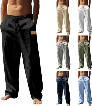 Men's Casual Beach Pants Drawstring Elastic Waist Trousers Lightweight Breathable Summer Long Pants with Pockets