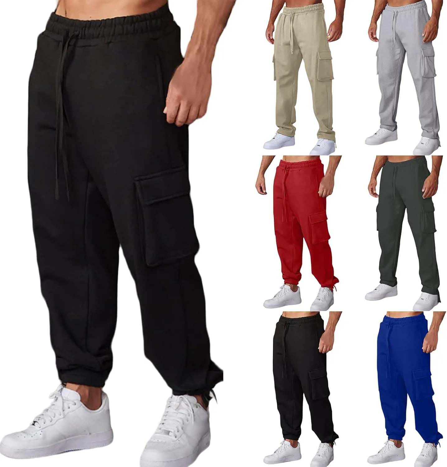 Mens Casual Cargo Sweatpant with Multi Pockets Baggy Elastic Waist Drawstring Pants Outdoor Straight Stretch Trousers