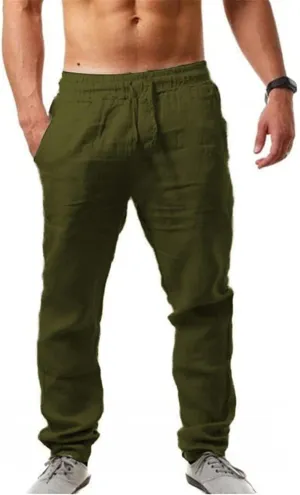 Mens Casual Linen Pants Elastic Drawstring Waist Lightweight Sweatpants Loose Fit Breathable Beach Trousers