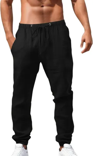 Men's Drawstring Stretch Trendy Cotton Linen Long Pants, Casual Summer Breathable Solid Color Sweatpants