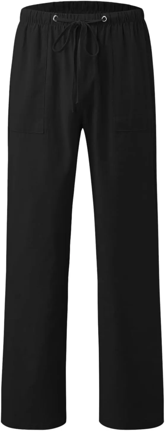 Men's Drawstring Stretch Trendy Cotton Linen Long Pants, Casual Summer Breathable Solid Color Sweatpants