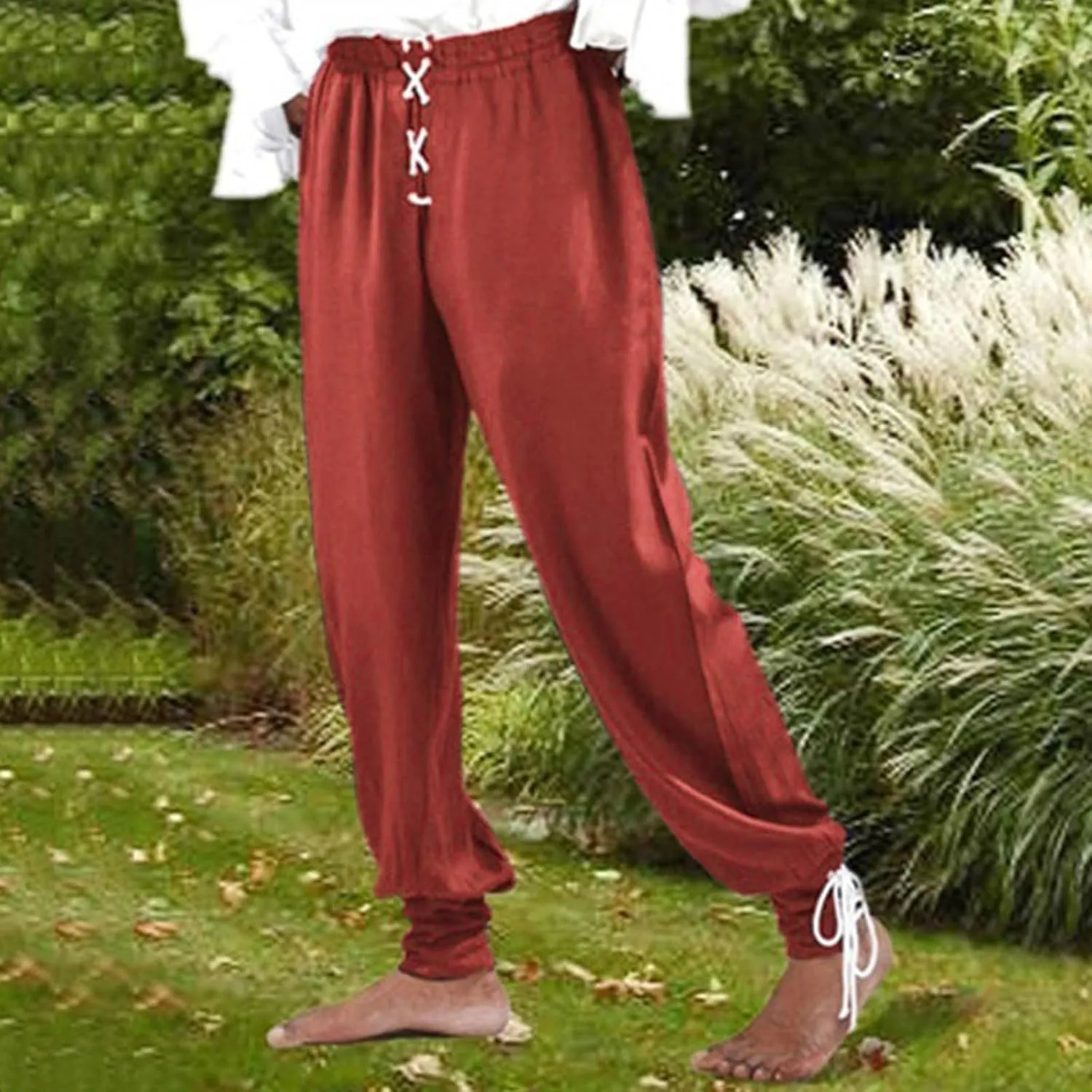 Mens Fashion Casual Printed Linen Elastic Waistband Trousers Pants Sport Breathable Loose Elasticity Pants
