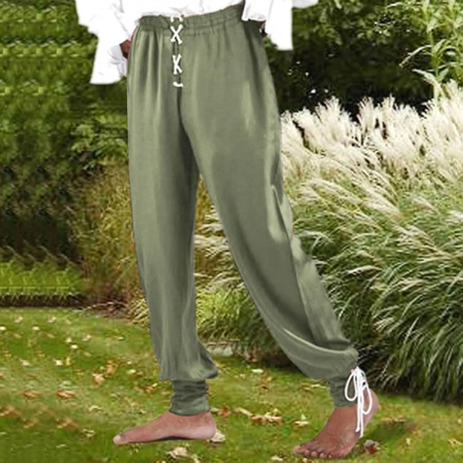 Mens Fashion Casual Printed Linen Elastic Waistband Trousers Pants Sport Breathable Loose Elasticity Pants