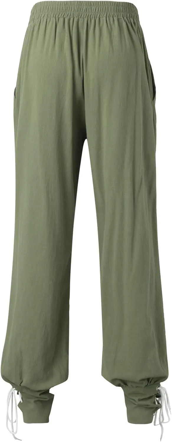 Mens Fashion Casual Printed Linen Elastic Waistband Trousers Pants Sport Breathable Loose Elasticity Pants