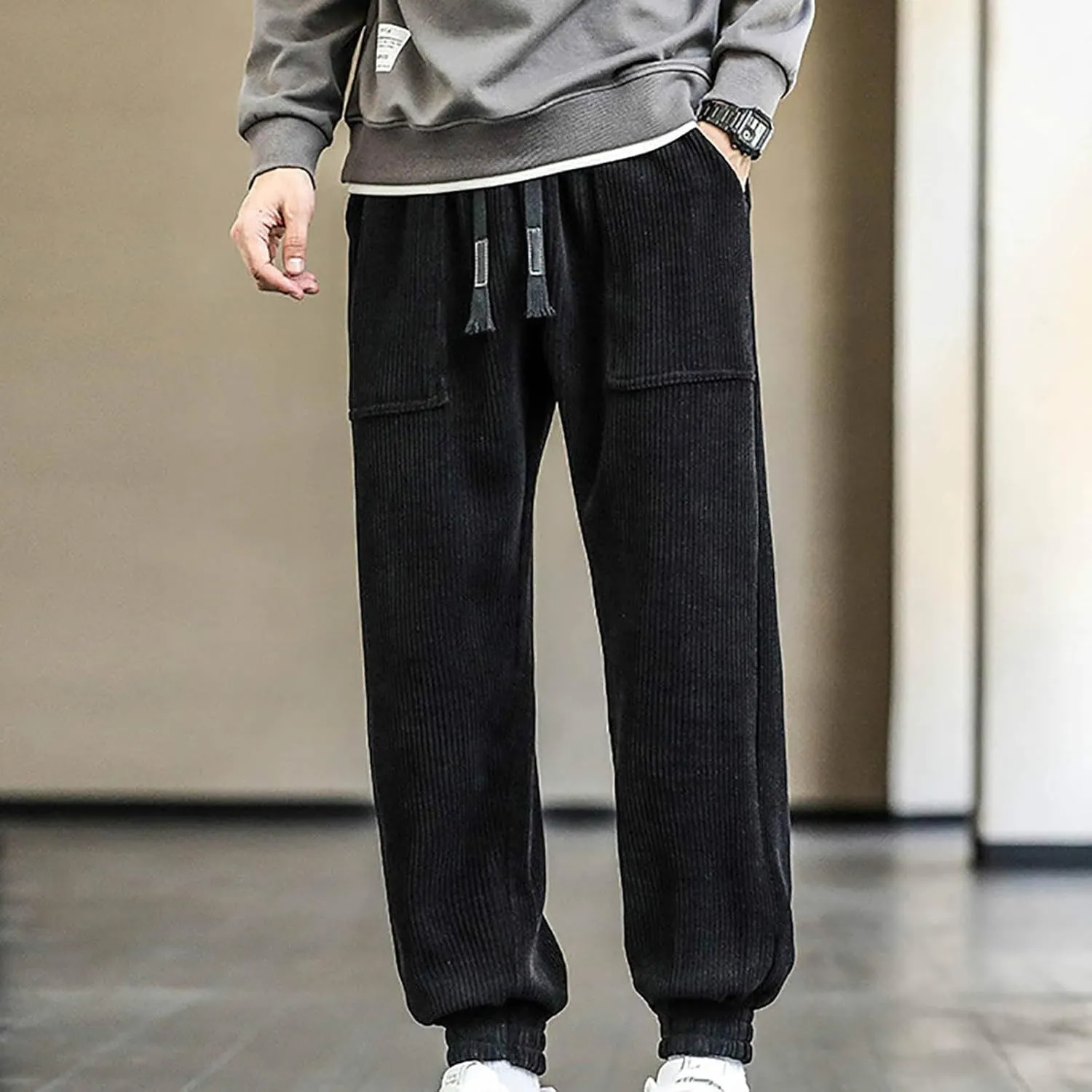 Mens' Fleece Joggers Pants New Men's Corduroy Loose Solid Casual Elastic Waistband Straight Stretch Tapered
