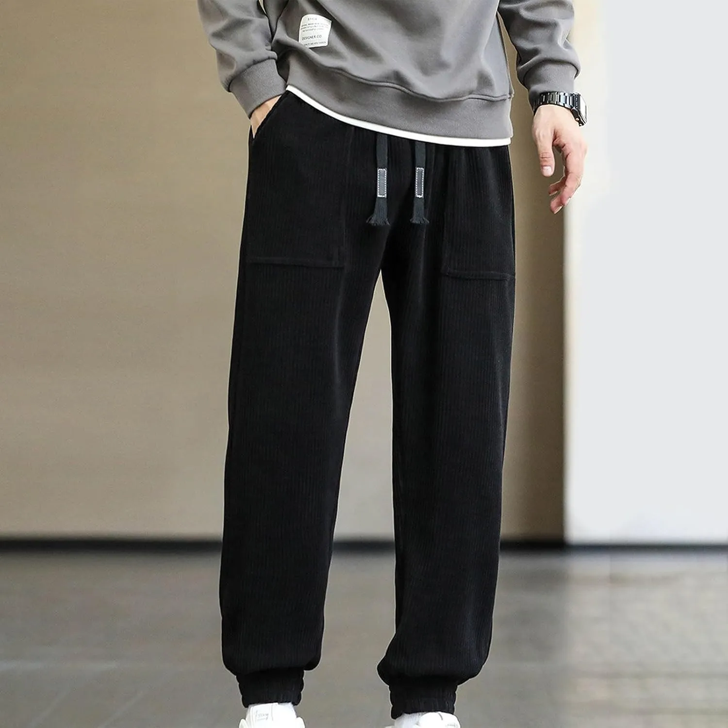 Mens' Fleece Joggers Pants New Men's Corduroy Loose Solid Casual Elastic Waistband Straight Stretch Tapered
