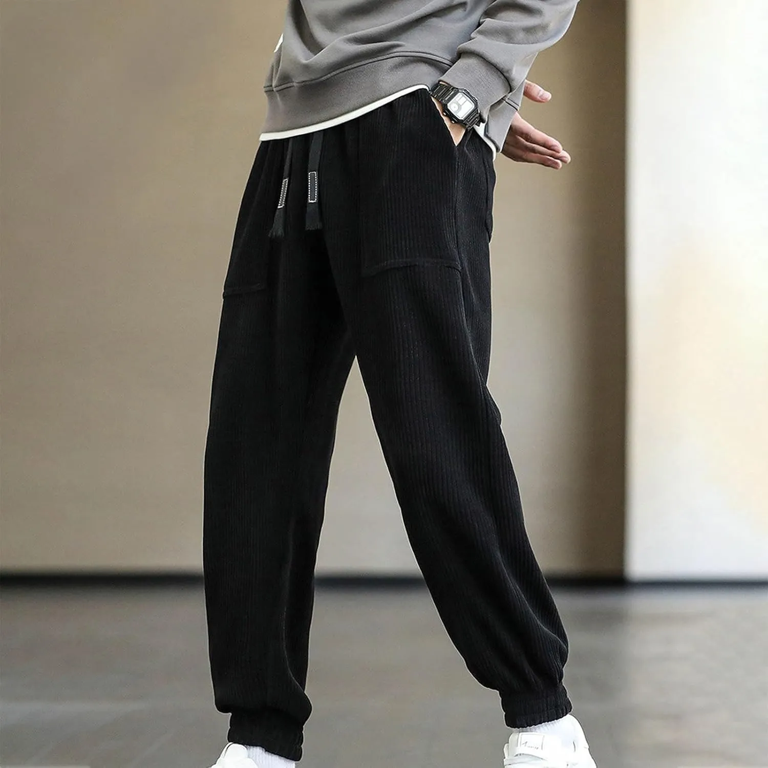 Mens' Fleece Joggers Pants New Men's Corduroy Loose Solid Casual Elastic Waistband Straight Stretch Tapered