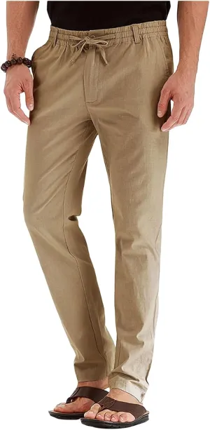 Mens Linen Drawstring Pants Jogger Loose Stretch Sweatpants Soft Elastic Waist Casual Fall Bussiness Trousers