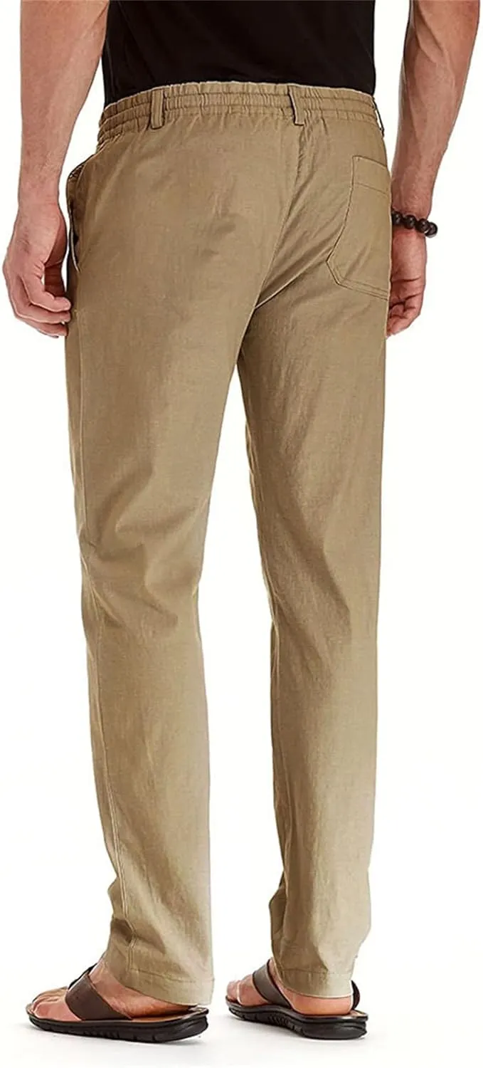 Mens Linen Drawstring Pants Jogger Loose Stretch Sweatpants Soft Elastic Waist Casual Fall Bussiness Trousers