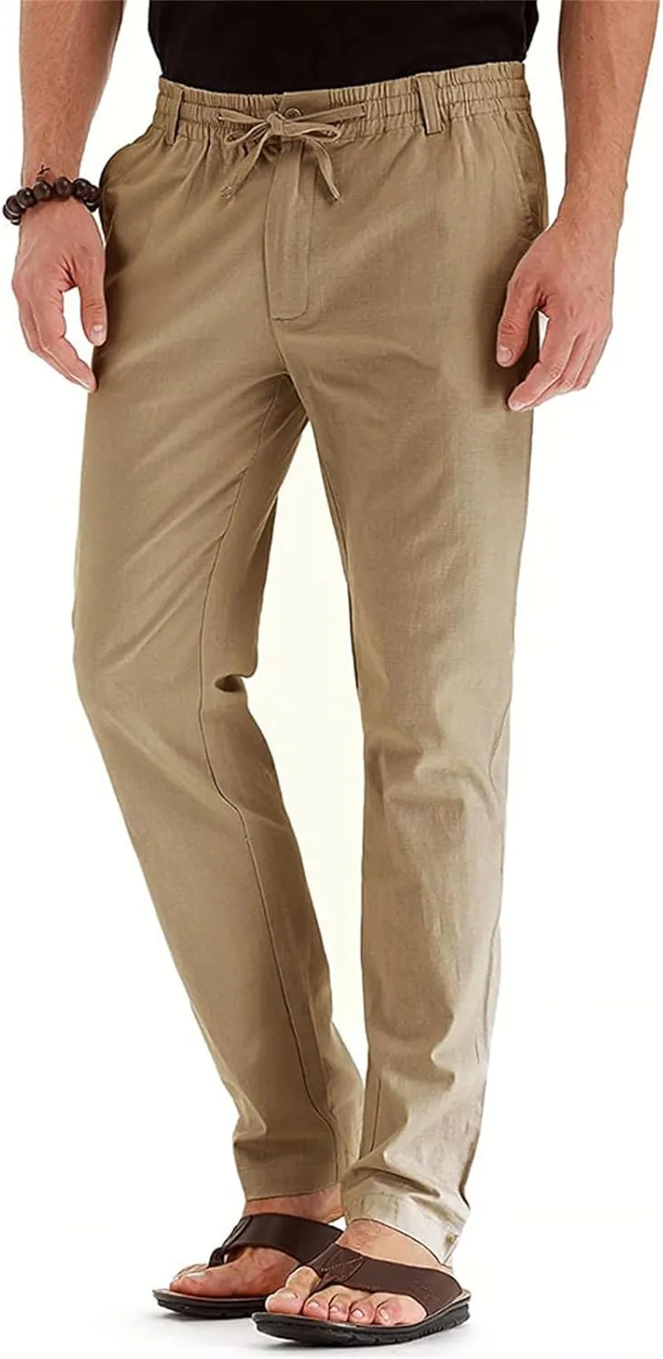 Mens Linen Drawstring Pants Jogger Loose Stretch Sweatpants Soft Elastic Waist Casual Fall Bussiness Trousers